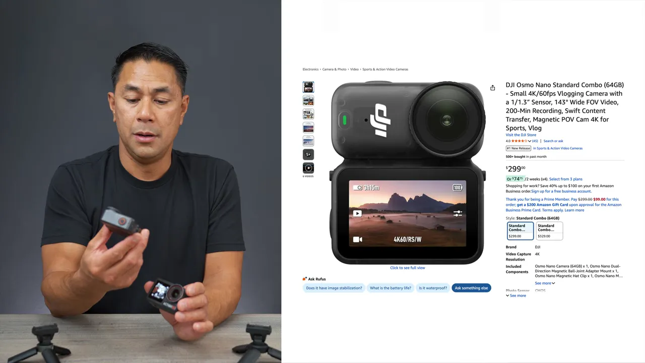 Comparativa: tamaño del Osmo Nano sin la estación de visión frente al Action 5 Pro, sosteniéndolos en la mano