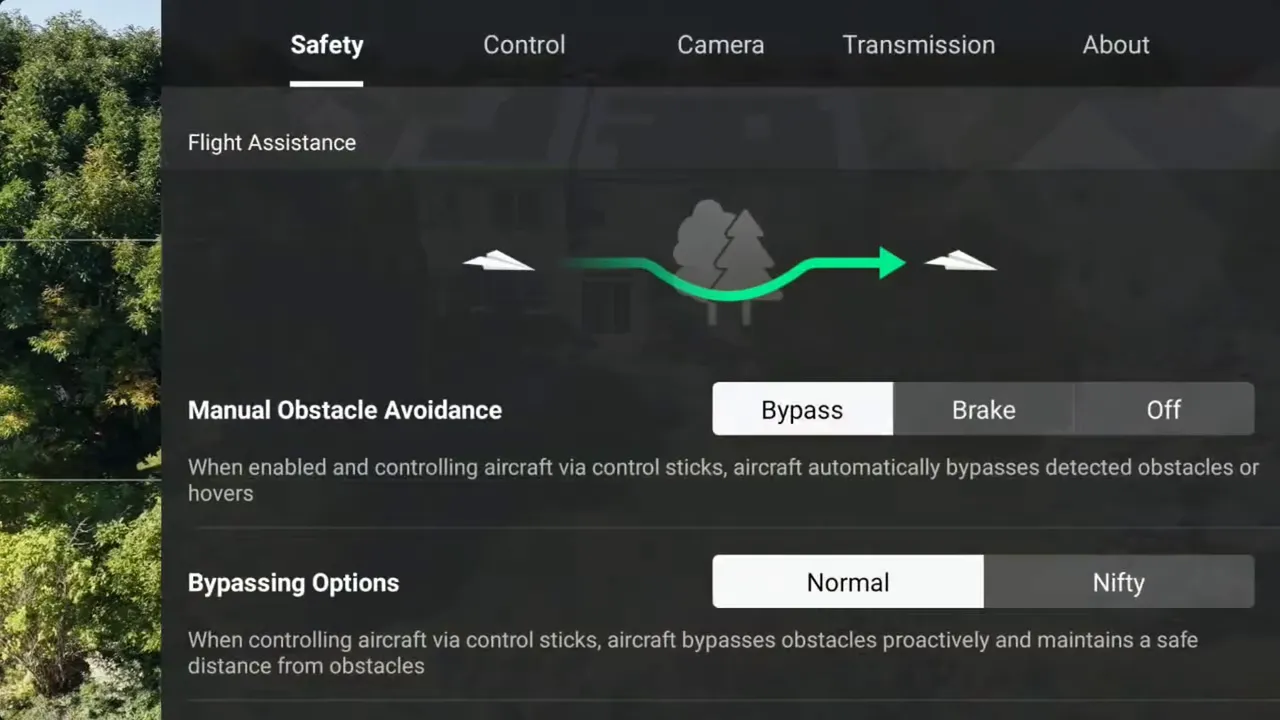 Menú de configuración del Mini 5 Pro mostrando las opciones Bypass, Brake y Off