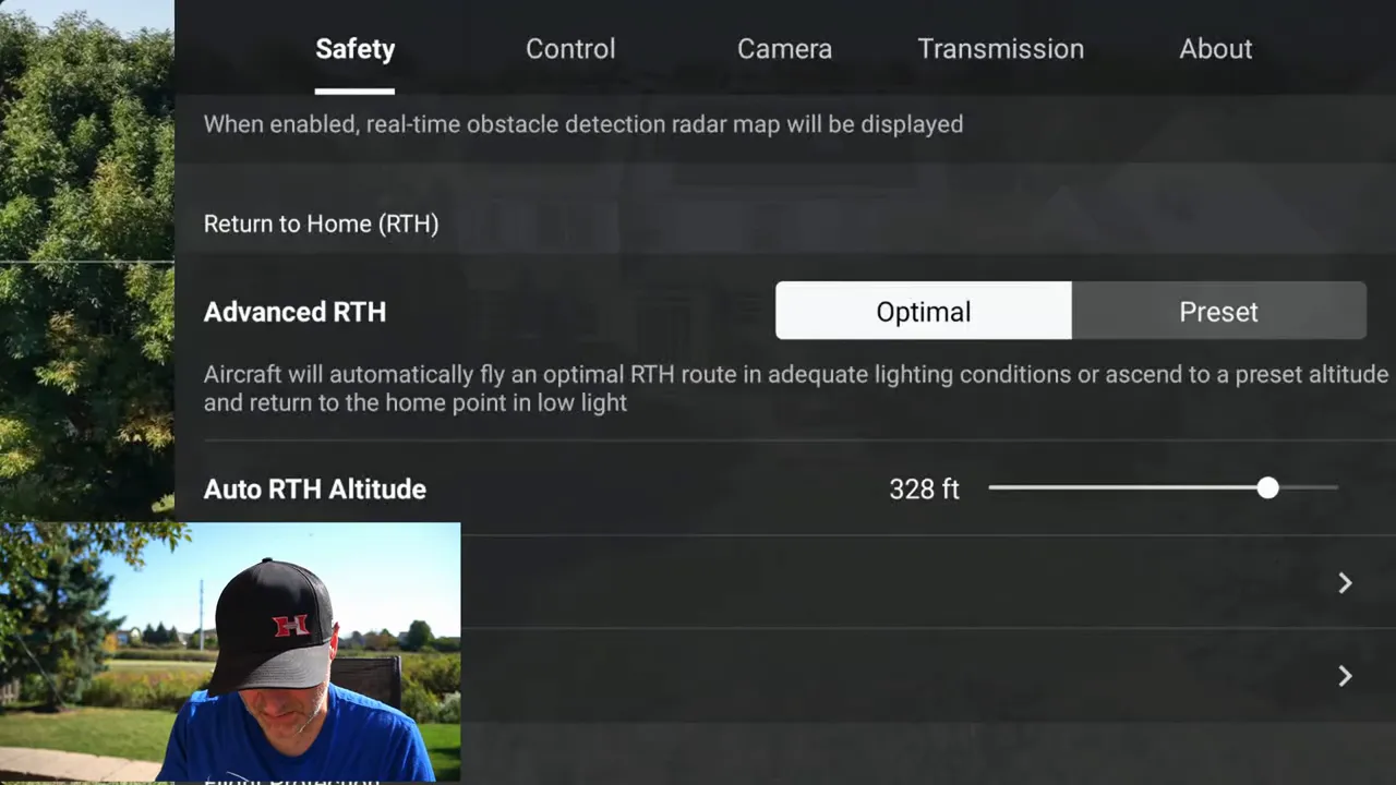 Menú de seguridad en la app mostrando opciones de evitación de obstáculos y RTH
